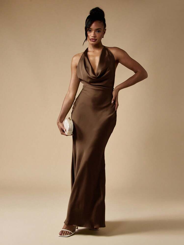 champagne silk bridesmaid dresses Champagne One Shoulder Satin Midi Bridesmaid Dress – FancyVestido
