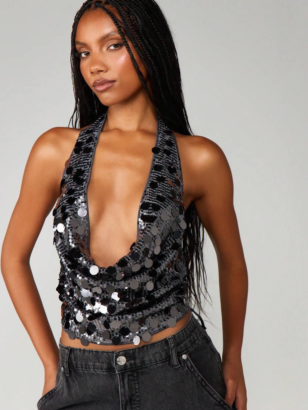 MISSGUIDED Sequin Cowl Neck Halter Top With Tie Back
