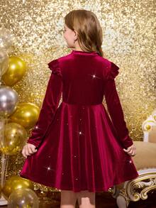 SHEIN Glowmode Tween Girl Elegant Burgundy Velvet Knit Dress,Long Sleeve Ruffle Trim Princess Dress For Autumn Party,Daily School Birthday Wear For Teens - Red - View 2