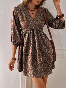 LanaWest 女式西部休闲灯芯绒印花宽松落肩罩衫连衣裙 - 鏽棕色 - 查看 6