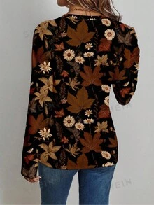 EMERY ROSE 女式 V 领长袖 T 恤，带有复古花卉图案，适合夏季 - 彩色 - 查看 2