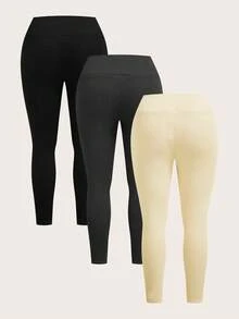 SHEIN PETITE CURVE 大码纯色休闲修身女式紧身裤 - 彩色 - 查看 2