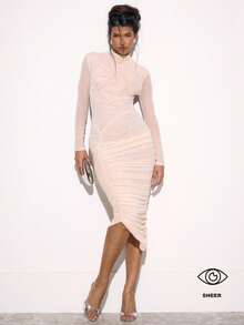 MUSERA High Neck Mesh Ruched Fitted Long Sleeve Dress Occasion Sexy Night Out Elegant Cute Party Summer - White - View 1