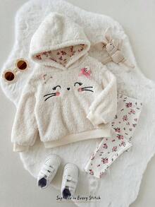 Cozy Pixies 两件套女婴卡通动物印花保暖内衬圆领长袖卫衣和松紧腰碎花裤套装 - 杏色 - 查看 7