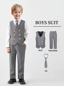 SHEIN 3pcs Boys Suit Set: Vest + Pants + Matching Grey Tie, Suitable For Stage Performance, Wedding - Grey - View 1