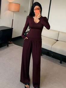 DAZY 纯色简约舒适针织女式上衣和裤子睡衣套装，秋冬保暖服饰 - 酒紅色 - 查看 5