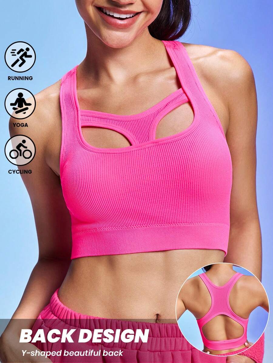 Easithlete Seamless Ribbed Splicing Square-Shaped Front Collar Design With High Elasticity And Moderate Support For Women's Sports Bra, Detachable Chest Pad With Hollowed Out I-Back, Soft And Comfortable Breathable Fitness Vest, Suitable For Indoor And Outdoor Fitness, Home And Travel, Yoga Bra - Hot Pink - View 1