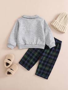 SHEIN 2 piezas Conjunto de niña bebé casual y lindo con bordado de oso, cuello de manzana, media cremallera, manga larga y pantalón recto a cuadros, adecuado para actividades al aire libre o en casa, proporcionando un uso cómodo en otoño/invierno - Gris - Ver 8
