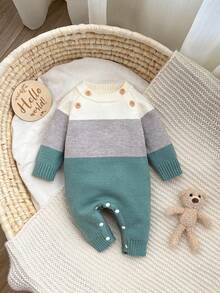 SHEIN Bộ đồ liền thân dệt kim dài tay phối màu thời trang cho bé trai sơ sinh/trẻ mới biết đi, mềm mại và thoải mái, phù hợp cho mùa xuân/thu, hàng ngày, đi chơi, du lịch, nghỉ dưỡng, ở nhà, nhà trẻ và vui chơi - màu xanh lá - Xem 7