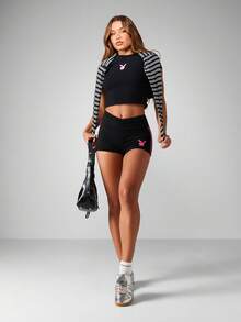 Missguided x Playboy 高腰褶饰短裤，侧条纹，训练，跑步运动服 - 彩色 - 查看 3