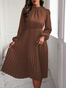 EMERY ROSE Solid Color Lantern Sleeve Dress With Pleated Hem Maxi Women Outfit - Rust Brown - View 6