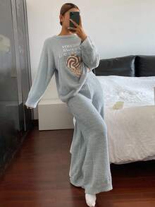 DAZY 两件套冰淇淋印花抓绒针织宽松睡衣套装，女士秋冬服装，蓬松舒适