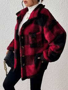 INAWLY 女式格子长袖单排扣毛绒常规夹克，秋冬 - 酒紅色 - 查看 3