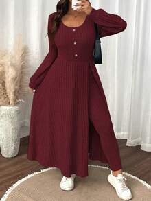 SHEIN LUNE 大码女式纯色毛绒罗纹简约休闲秋冬上衣和修身裤套装 - 酒紅色 - 查看 3