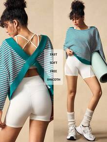 VARSIVA 女式休闲条纹落肩交叉后背运动T恤，秋季 - 彩色 - 查看 2