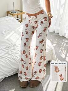 SHEIN EZwear 女装秋冬卡通熊米色圣诞可爱家居裤毛呢保暖抽绳腰阔腿宽松休闲针织长裤白色印花裤白熊针织裤 - 彩色 - 查看 1