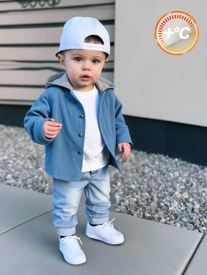 SHEIN Bộ 2 món/Bộ áo khoác nhung kẻ dài tay có mũ màu tương phản và quần denim cho bé trai/bé gái, thoải mái, đa năng, thời trang, giản dị, phong cách cơ bản, thích hợp mặc trong nhà, ngoài trời, mặc hàng ngày, thể thao, vui chơi, tiệc tùng, chụp ảnh, lễ hội, Halloween, Giáng sinh, năm mới, quà tặng Giáng sinh, bộ đồ thể thao