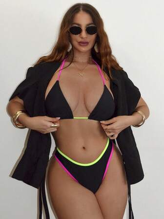 بيكيني صدرية بحمالات ربط متباينة الألوان، رباط خلفي يُربط عنق لفصل الصيف