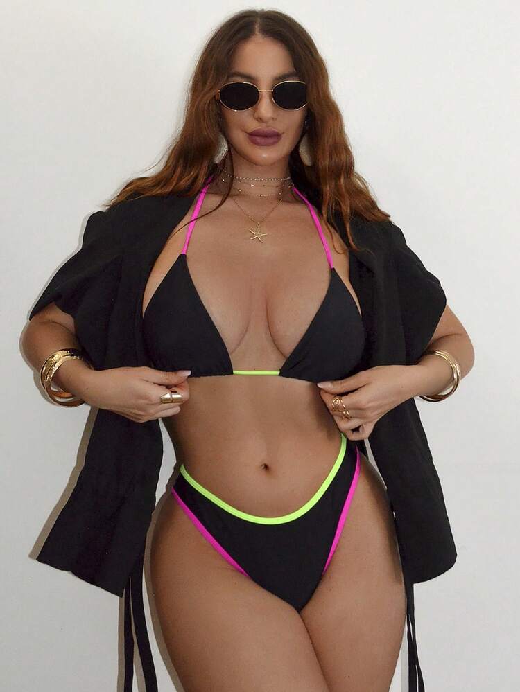 Summer Beach Contrast Binding Tie Back Halter Bikini