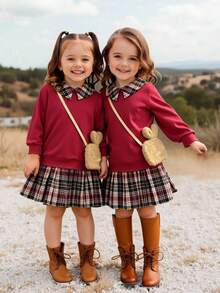3pcs Girls Back-To-School Plaid Collared Long Sleeve Top,Mini Skirt&Furry Embroidered Ear Decor Backpack Set,Casual Autumn Outfit For Career Day Wear - Multicolor - View 1