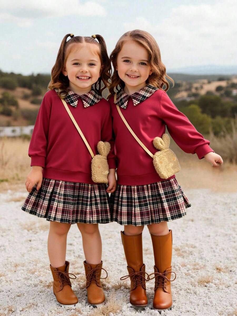 3pcs Girls Back-To-School Plaid Collared Long Sleeve Top,Mini Skirt&Furry Embroidered Ear Decor Backpack Set,Casual Autumn Outfit For Career Day Wear - Multicolor - View 1