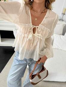 Serisse Women's Apricot Summer Boho Blouse,Frill Trim Front Tie Lantern Sleeve Solid Color Elegant Top,Suitable For Work,Commute,Brunch & Casual Fashion - Apricot - View 5