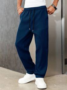 Manfinity Roghcode Men's Navy Blue Autumn Casual City Break Solid Color Sweatpants,Drawstring Loose Straight Leg Pants,Baggy Pro Club Jeans,Straight Leg Casual Pants - Navy Blue - View 6