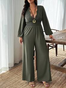 Weeklong Damen Große Größen Lässig V-Ausschnitt Spitze Destroyed Jumpsuit mit Langarm - Armeegrün - Übersicht 3