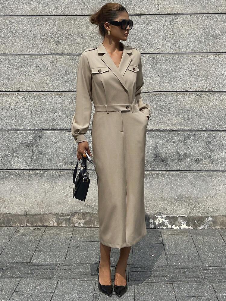 Women's Solid Color Lapel NeckLong Sleeve Split Hem Casual Commuter Midi Dress