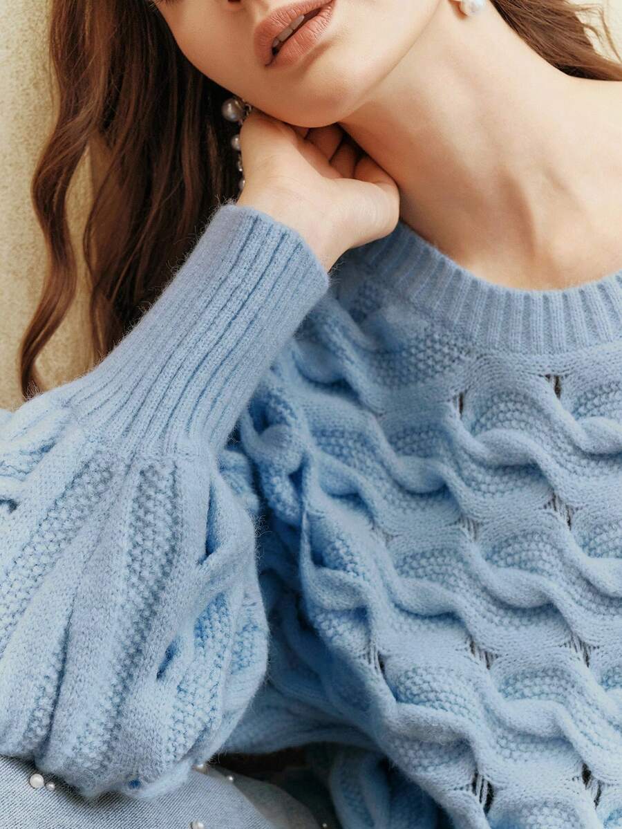 Anewsta Elegant Merino Wool Hollow Out Cable Knit Crew Neck Long Sleeve Sweater For Women, Suitable For Fall, Winter, Spring, New Year, Party, Wedding - Blue - View 1