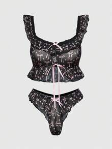 ROMWE Kawaii Baby Doll Sexy Lingerie Set For Women, Bow Print Tie-Up Design - Black - View 1