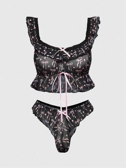 Kawaii Baby Doll Sexy Lingerie Set For Women, Butterfly Print Tie-Up Design