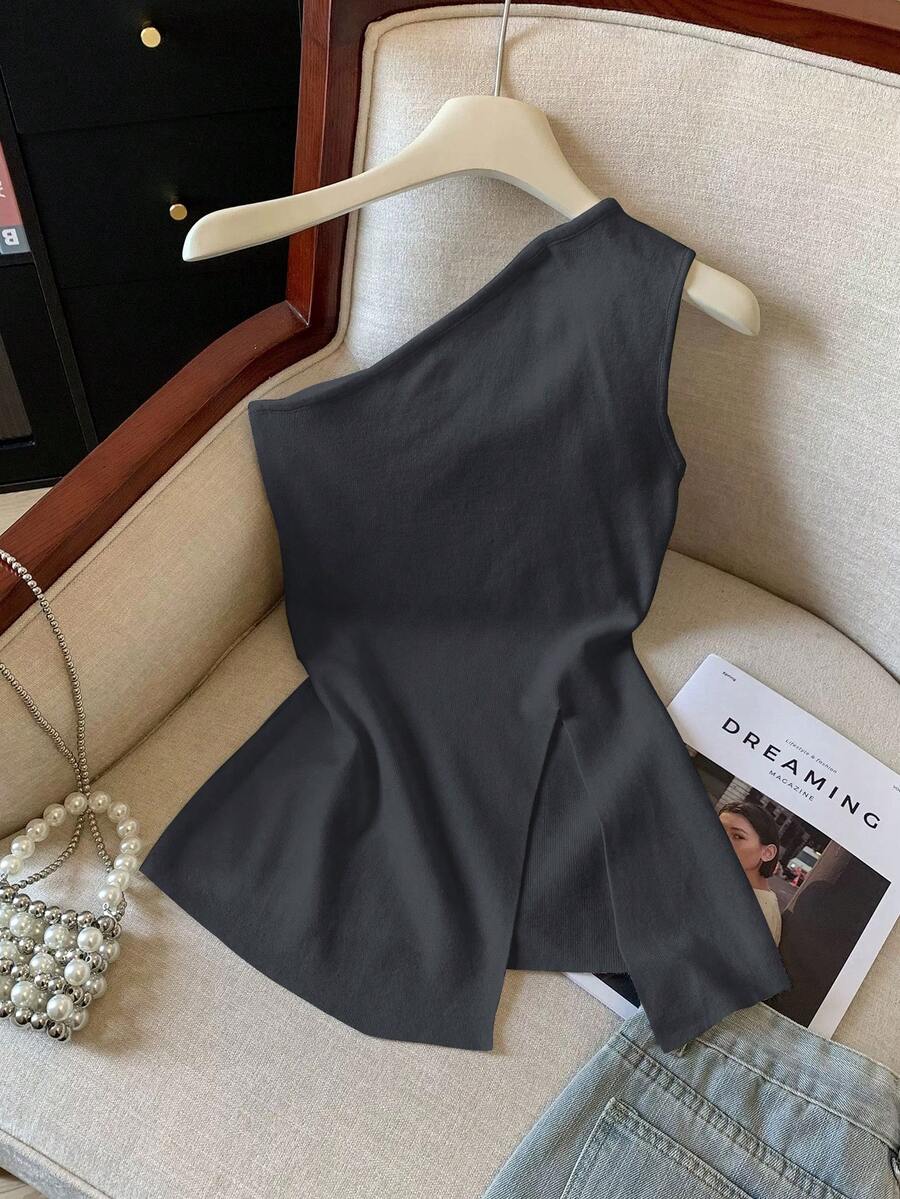 GlowEve Women's Solid Color Sleeveless Slit Hem Fashionable Top - Dark Grey - View 1