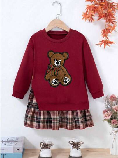 SHEIN 青少年女孩宽松休闲简约舒适圆领小熊格子下摆运动衫秋冬女童衣服