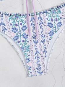 Swim Mod Badeanzug Set in Große Größen, geraffter Blumenbesatz, Schleife, Muster