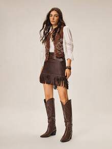 Styleloop Giày bốt đế gỗ ấm áp thoải mái, đơn giản dành cho nữ, thích hợp cho Halloween, Giáng sinh, trang phục dự tiệc, bốt cao bồi - Cà phê nâu - Xem 8