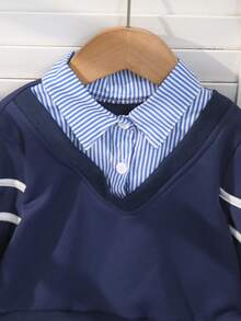 SHEIN 4-7 Years Old Girls Autumn/Winter Fashion Striped Collar V-Neck Long Sleeve Sweatshirt & Blue-White Striped Pleated Skirt 2 Piece Set - Navy Blue - View 5