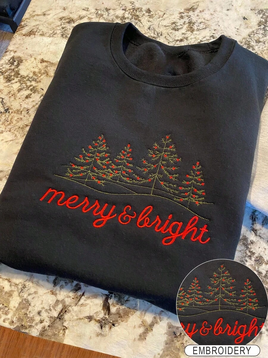 EMERY ROSE Damen Oversize Weihnachtsbaum Buchstaben Stickerei Rundhals Langarm Lässig Fleece Sweatshirt, Herbst/Winter - Schwarz - Übersicht 1