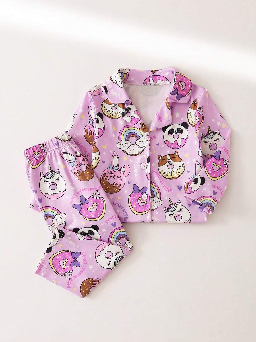 2 Stücke Baby Mädchen Lässig süße flammhemmende gestrickte Donut Allover Muster Kragen Strickjacke und Donut Muster Hose Pyjama Set - Mauve - Übersicht 1