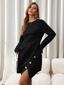 SHEIN Unity Vintage Long Sleeve Short Dress With Asymmetric Hem And Side Slit Elegant Dress - Brown - View 6