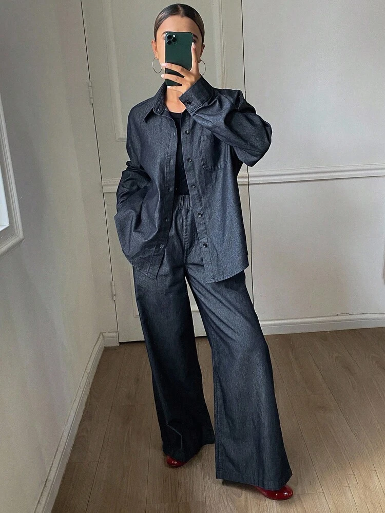 Women's Loose Denim Shirt With Lapel And Side Button Design, And Straight-Leg Denim Pants Casual Suit