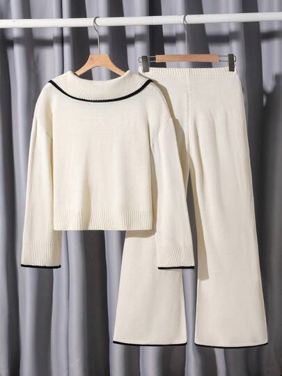 SHEIN 2 piezas Conjunto de suéter para adolescentes, polo de cuello de contraste de nicho francés holgado y casual con parte superior suelta a juego con pantalones anchos de suéter, tela cómoda adecuada para uso diario, al aire libre, escolar, conjunto de pantalones y parte superior para primavera/otoño, ropa de dos piezas, conjunto de dos piezas para mujer estilo universitario, conjunto de manga larga, ropa holgada y universitaria para niños