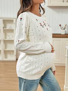 SHEIN 孕妇休闲花卉刺绣毛衣，秋季 - 杏色 - 查看 4