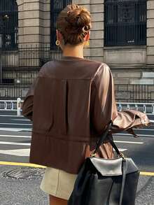 DAZY Women's Casual Solid Color PU Leather Drawstring Pocket Shirt, Autumn Long Sleeve Women