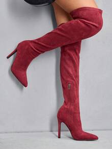 CUCCOO SZL Side Zipper Design Fashion Pointed Toe Slim High Heel Over-The-Knee Boots For Women - Burgundy - View 4