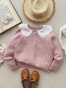 Blossori Young Girls' French Elegant Lace Collar Button-Front Knit Cardigan, Little Girls Button Up Sweater, Pink Cardigan Kids,Cozy Fall & Winter Styles