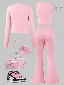 Sweetra Young 3pcs/Set Casual Relaxed Soft Solid Color Cardigan, Camisole, And Slim Flare Pants For Teen Girl Suitable For Everyday Wear Fall Winter - Pink - View 2