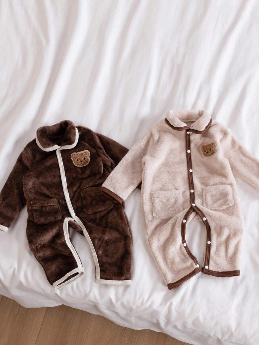 SHEIN 2 件套男婴毛绒熊贴花长袖连体睡衣 - 彩色 - 查看 1