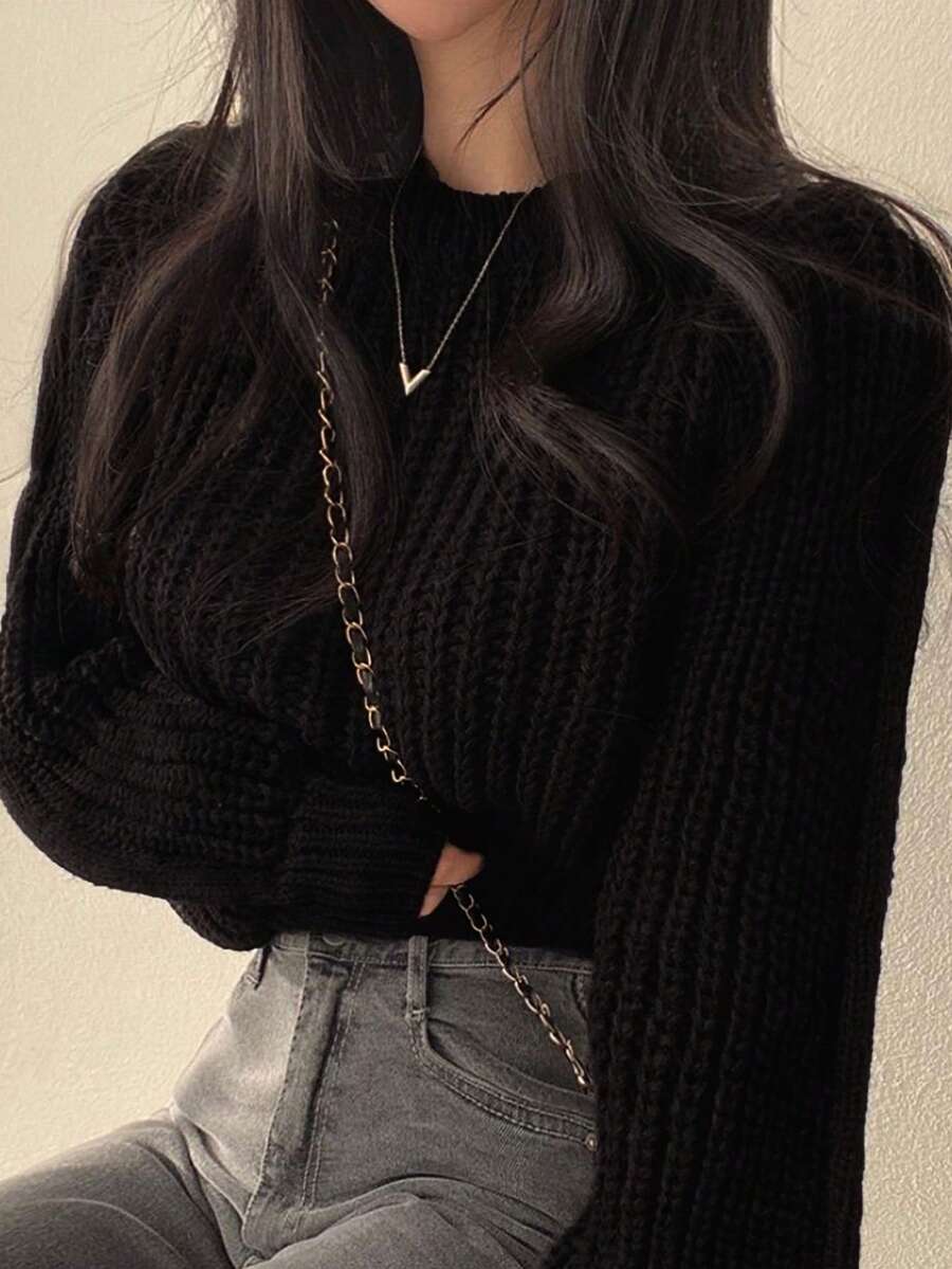 INAWLY 女士纯色圆领长袖休闲宽松针织毛衣，秋冬 - 黑色 - 查看 1