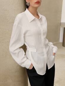 Modelyn Women's Solid Color Turndown Collar Side Button Closure Waist Fitted Long Sleeve Shirt - White - View 4